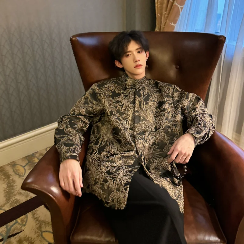 

New Chinese Style Men's Shirt Embroidered Satin Surface Male High-End Sensation Wind Shirt Loose Fit Long Sleeve