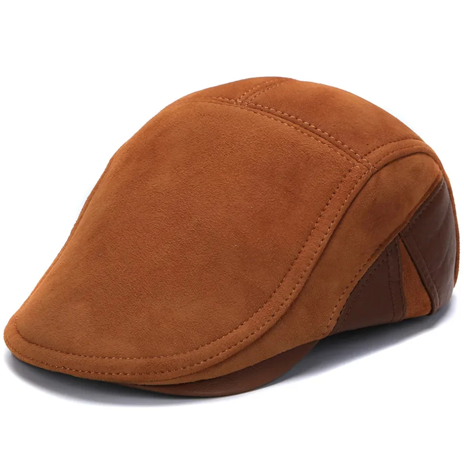 New 2023 Fashion European Style Genuine Leather Caps Beret Man Casual Sheepskin Suede Black/Brown Fitted Duckbill Hats Male