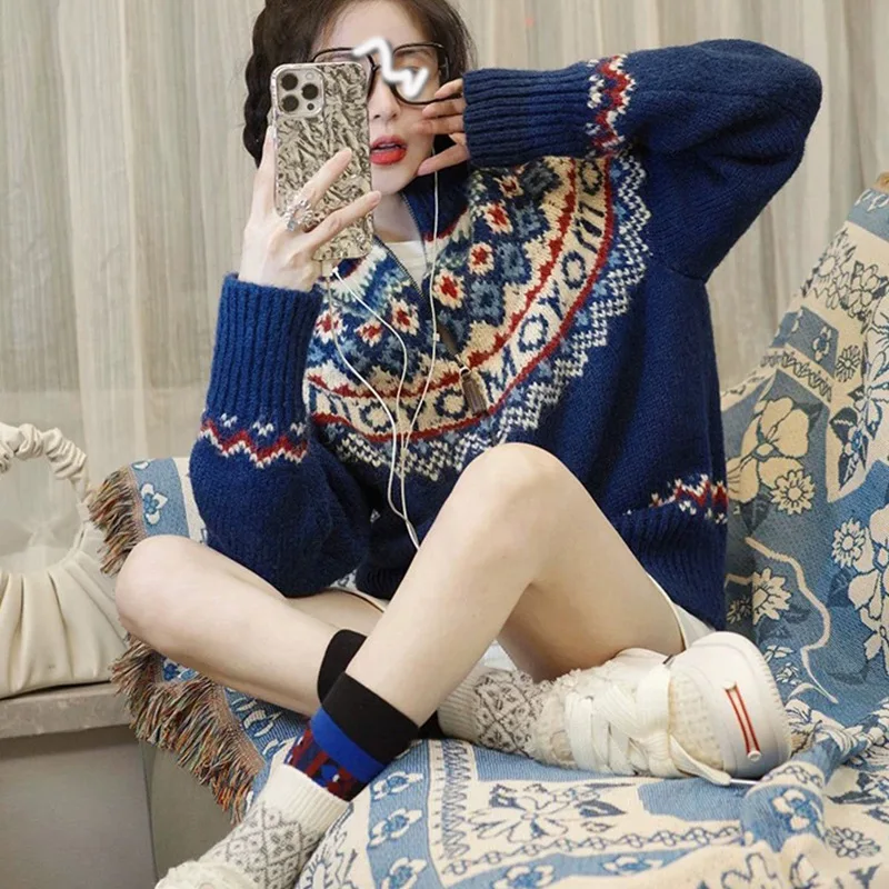 Fair Isle Cardigan feminino novo vintage padrão de Natal casaco de malha gola alta jaqueta quente de grandes dimensões
