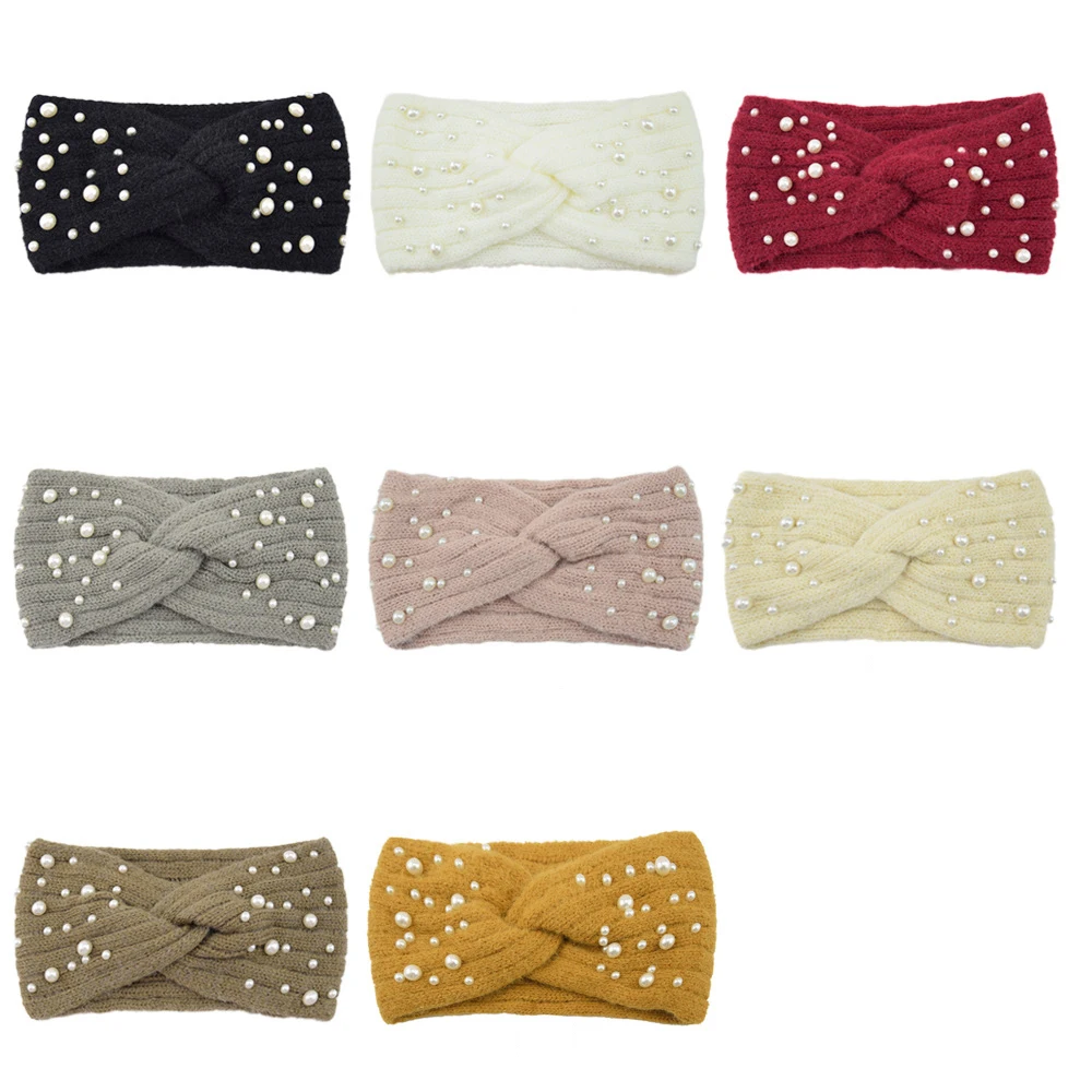 New Wide Cross Pearl Headbands for Woman Solid Warm Hairband Elastic Sports Yoga Headwear Girls Hair Band Hair Accessories