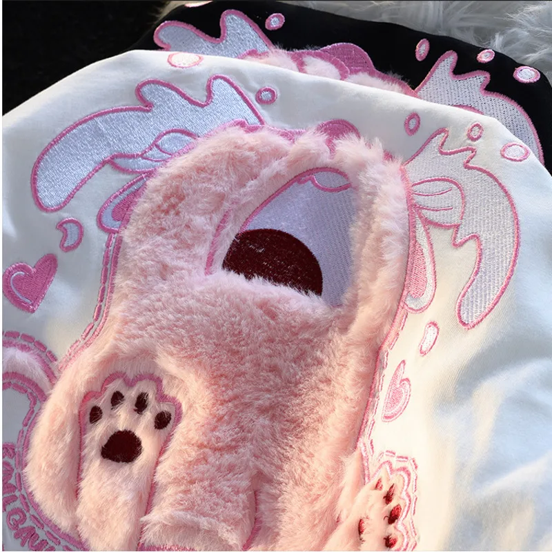 Furry Cry Cat Cartoon Flocked Embroidery Loose Short Sleeve T-shirt Women\'s Summer Cute Style Couple Match Top Kawaii Tees Shirt