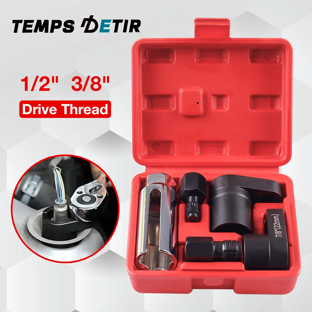 22MM 自動車用酸素センサーソケット、スレッドチェイサーとオフセットレンチ付き、1/2インチと3/8インチドライブスレッド、O2センサー取り外し取り付け用、5点セット