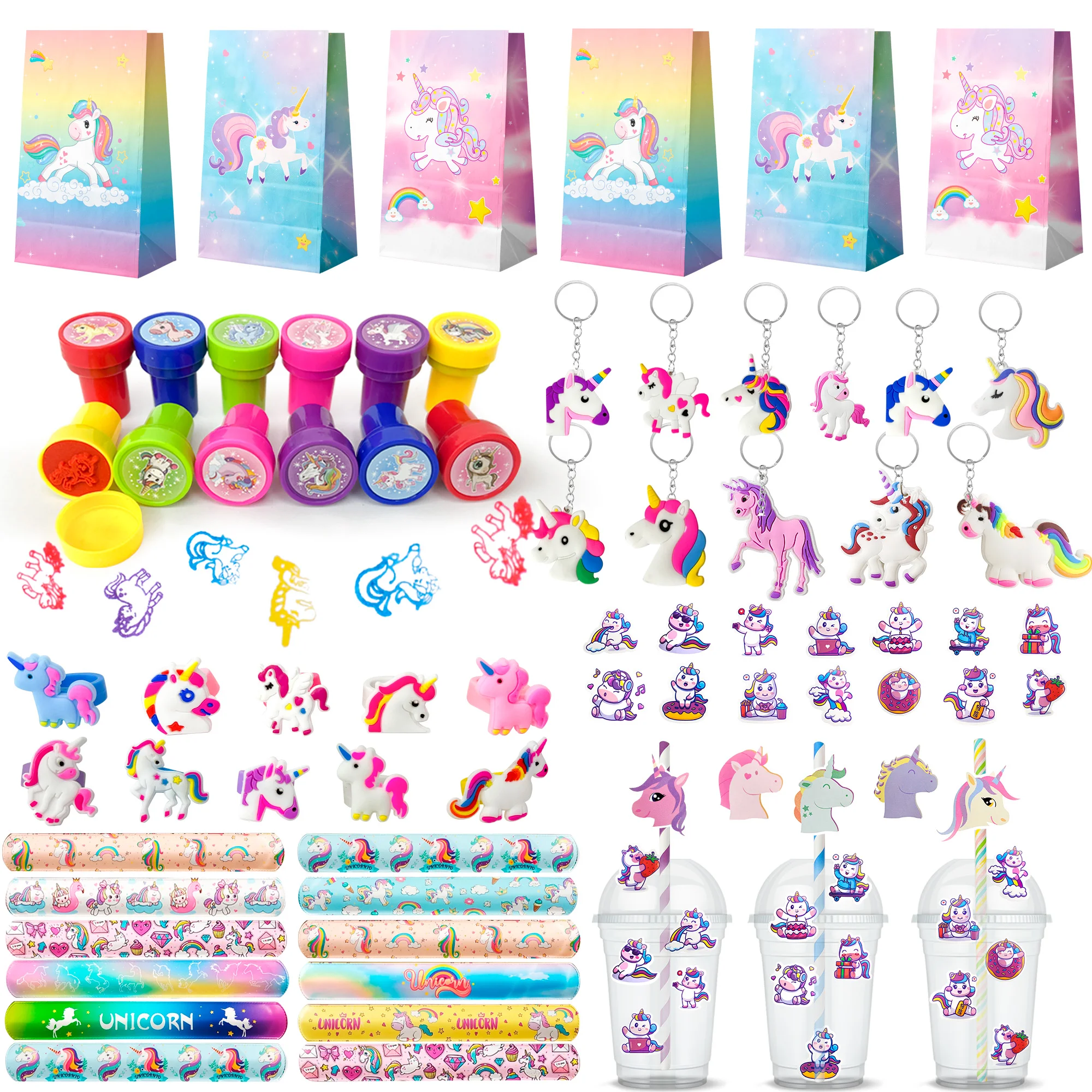 

Сувениры для вечеринки с единорогом, 134 шт. Сувениры для вечеринки с единорогом-сумки с единорогом, наклейка, брелок, штамп, кольцо и т. д., товары для дня рождения с единорогом