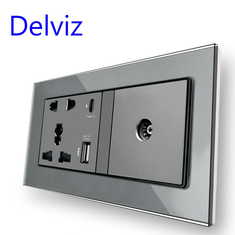 

Delviz Cable TV Wall Socket, Crystal glass panel, Type C Interface Socket, 18W 3A Smart Quick Charge, Universal USB Power Outlet