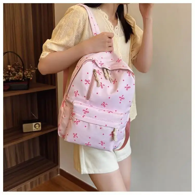 Multi-Pocket Quilted Backpack with Bow Print, Large Capacity Adjustable Straps Casual Bag for Campus Daily Life