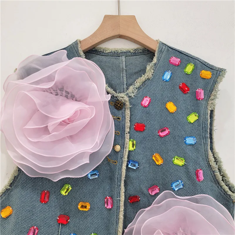 Retro Crew Neck Vest Distressed Raw Edge Hand Sewing Colorful Crystals Sleeveless Denim Coat Summer Autumn 3D Flower Vest Coat