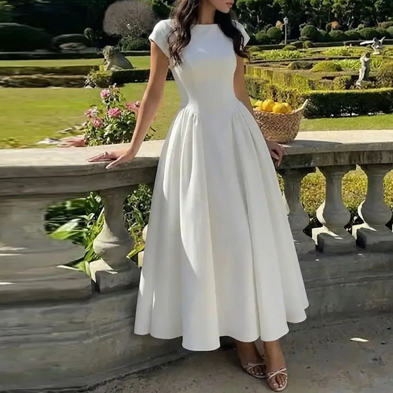 Elegant Solid Color High Waist Pleated Dress Summer New Slim A-line Dress Lady Temperament O-neck Sleeveless Wedding Party Dress