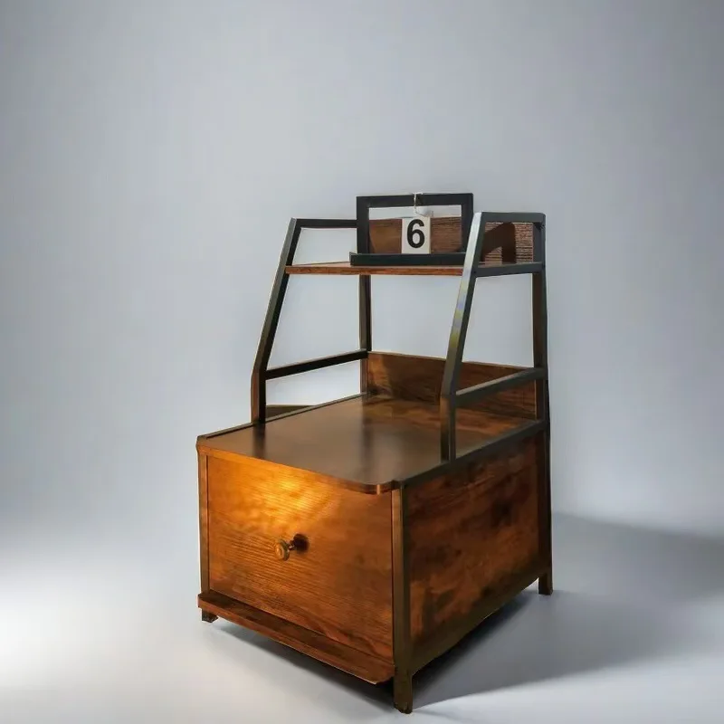 Antique wood iron wood bedroom bedside table high-end bedside steel wood drawer storage cabinet locker storage