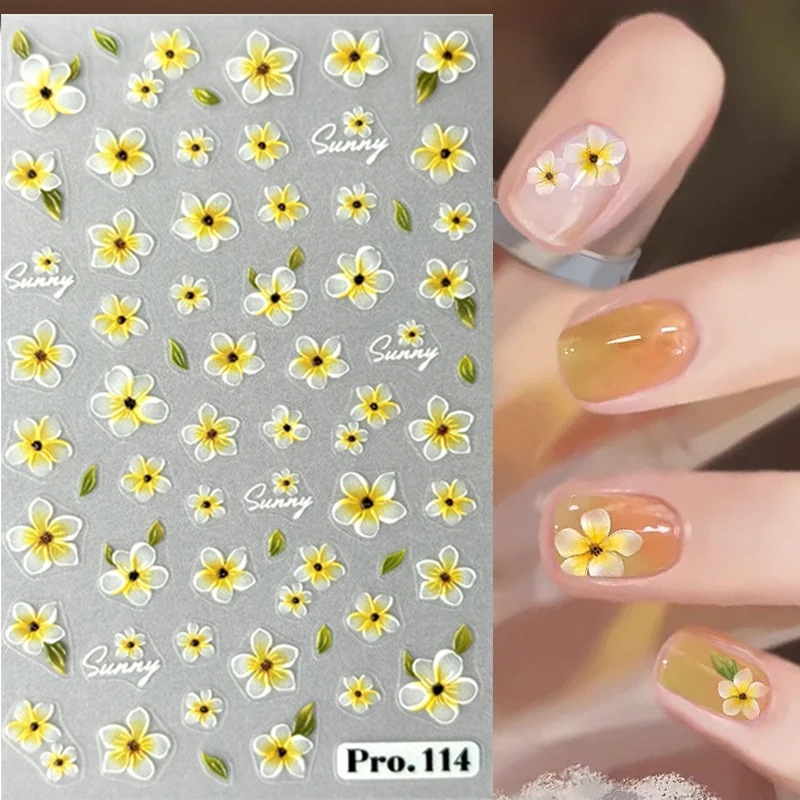 3D Flowers Nail Art Sticker White Black Yellow Petals Floral Adhesive Sliders Manicure Nail Stickers Decoration For Nail Tips