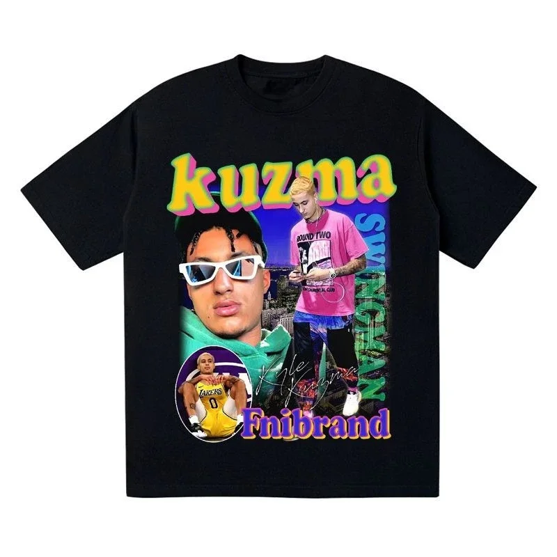 تي شيرت NBA American Kuzma مطبوع من القطن فضفاض بأكمام قصيرة للرجال، قميص كرة سلة رياضي عصري بنصف كم #4