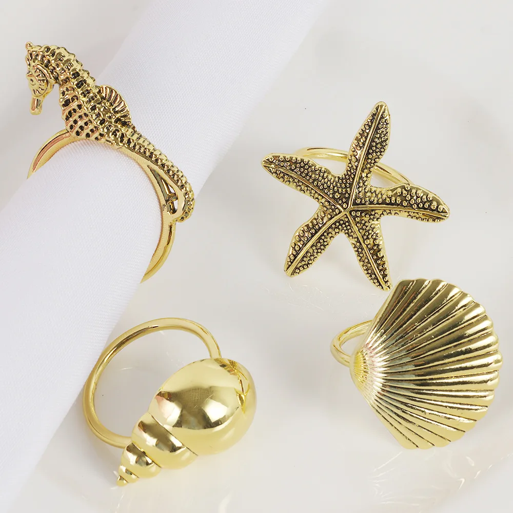 Metal Sea Creature Napkin Rings – Gold Starfish Conch Seahorse Shell Napkin Holders for Hotel Table Setting