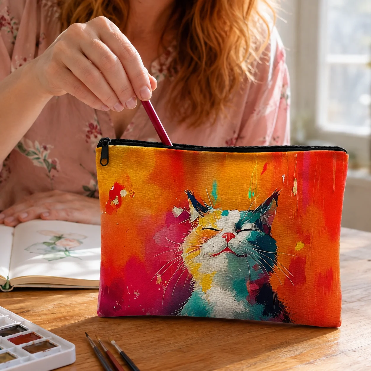 Rainbow Watercolor Cat Cosmetic Pouch Abstract Art Kitty Zipper Bag Canvas Makeup Organizer Travel‑Use Toiletry Carry‑all Pouch