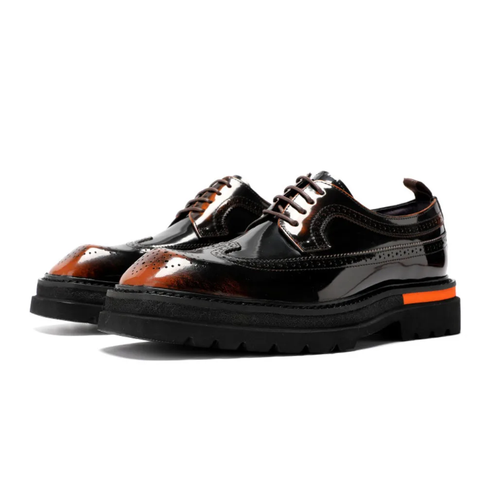 Mens Genuine Leather Brogue Derby Dress Shoes Thick Sole Height Increasing Glossy Carved Brogue Shoes for Men 3