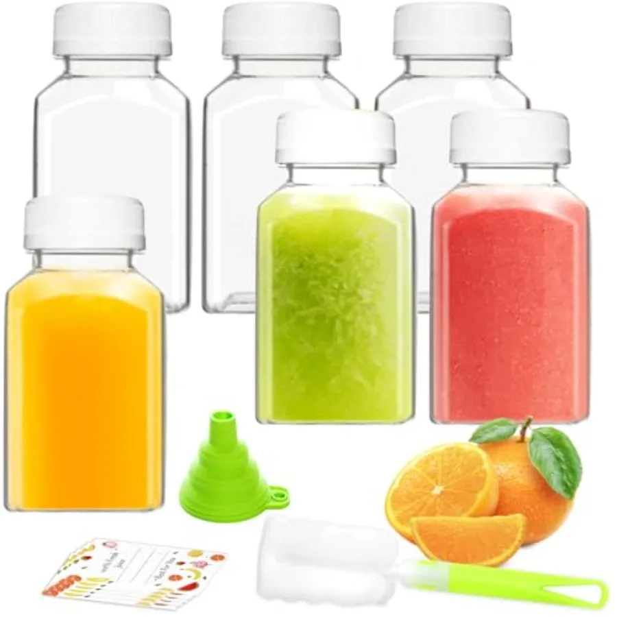 Plastic Juice Bottles, Reusable Juice Containers with White Tamper Proof Lids, Brush, Funnel and Labels, Clear Juice Containers