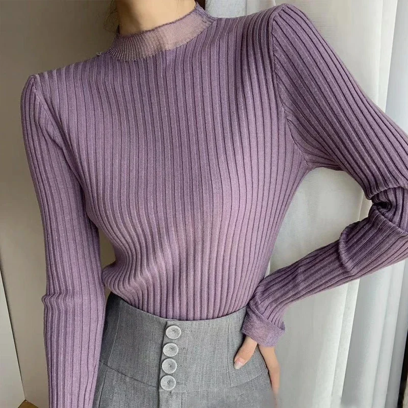 

Casual Fashion Basic Jumper Sweater Women Autumn Flare Long Sleeve Top Pullover Winter Mesh Hollow Splice Knitwear Sweater 24420