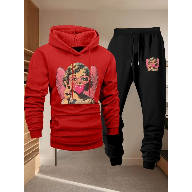 Angel Love ثلاثية الأبعاد مطبوعة الرجال كم طويل هوديي قطعتين مجموعة ملابس رياضية كاجوال موضة الاتجاه مجموعة هوديي 2025 طبعة جديدة #3