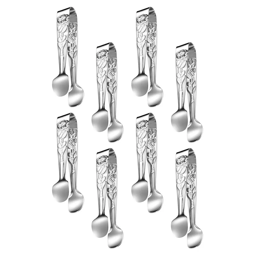 

8Pcs Elegant Rose Design Stainless Steel Mini Tongs 4 Inch Small Ice Sugar Food Clips for Kitchen Hotel Banquet Serving Tools