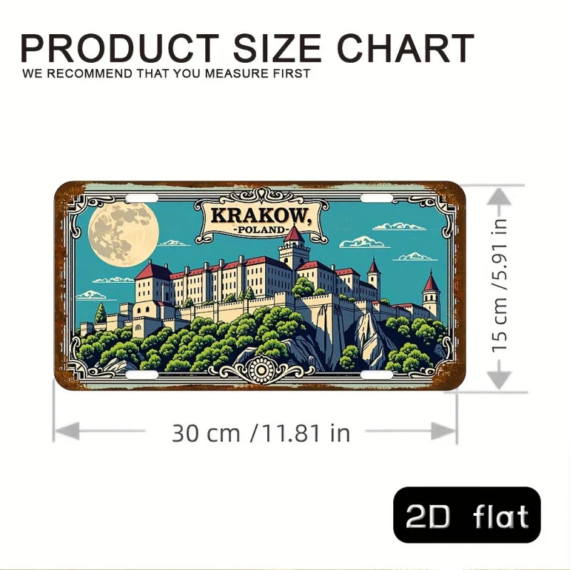 مسطح ثنائي الأبعاد - لافتة معدنية عتيقة من كراكوف وبولندا - لوحة فنية جدارية من الألومنيوم مقاس 15.24 × 30.48 سم، متينة ومقاومة للطقس