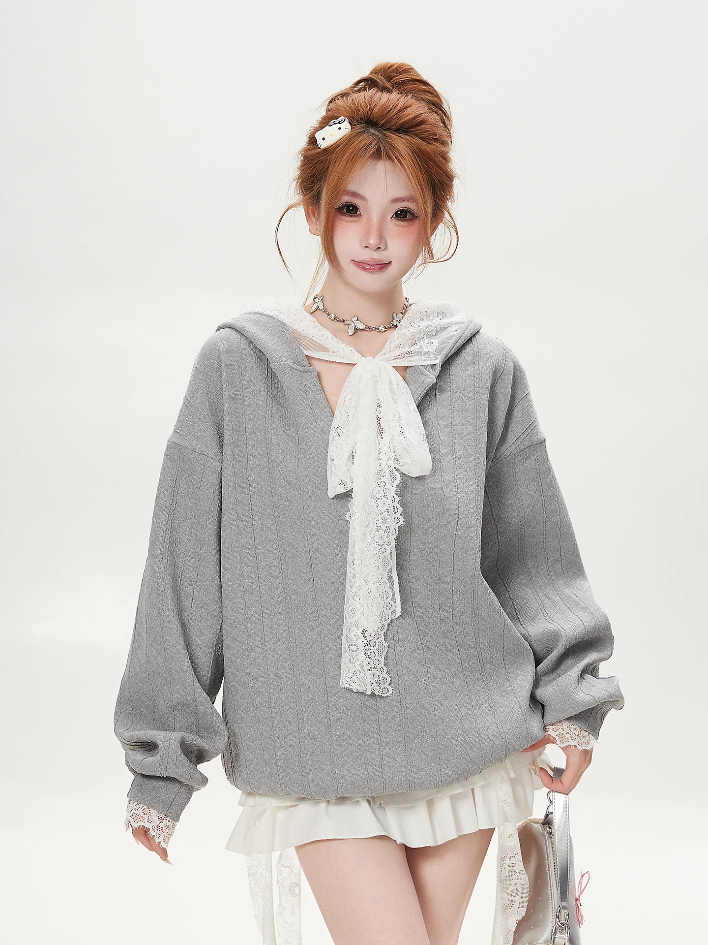 Lace Splice Hoodie Women's College Style Ant Gentle Lazy Style  Knot Top Casual Loose Fit Long Sleeve Cotton Polyest...