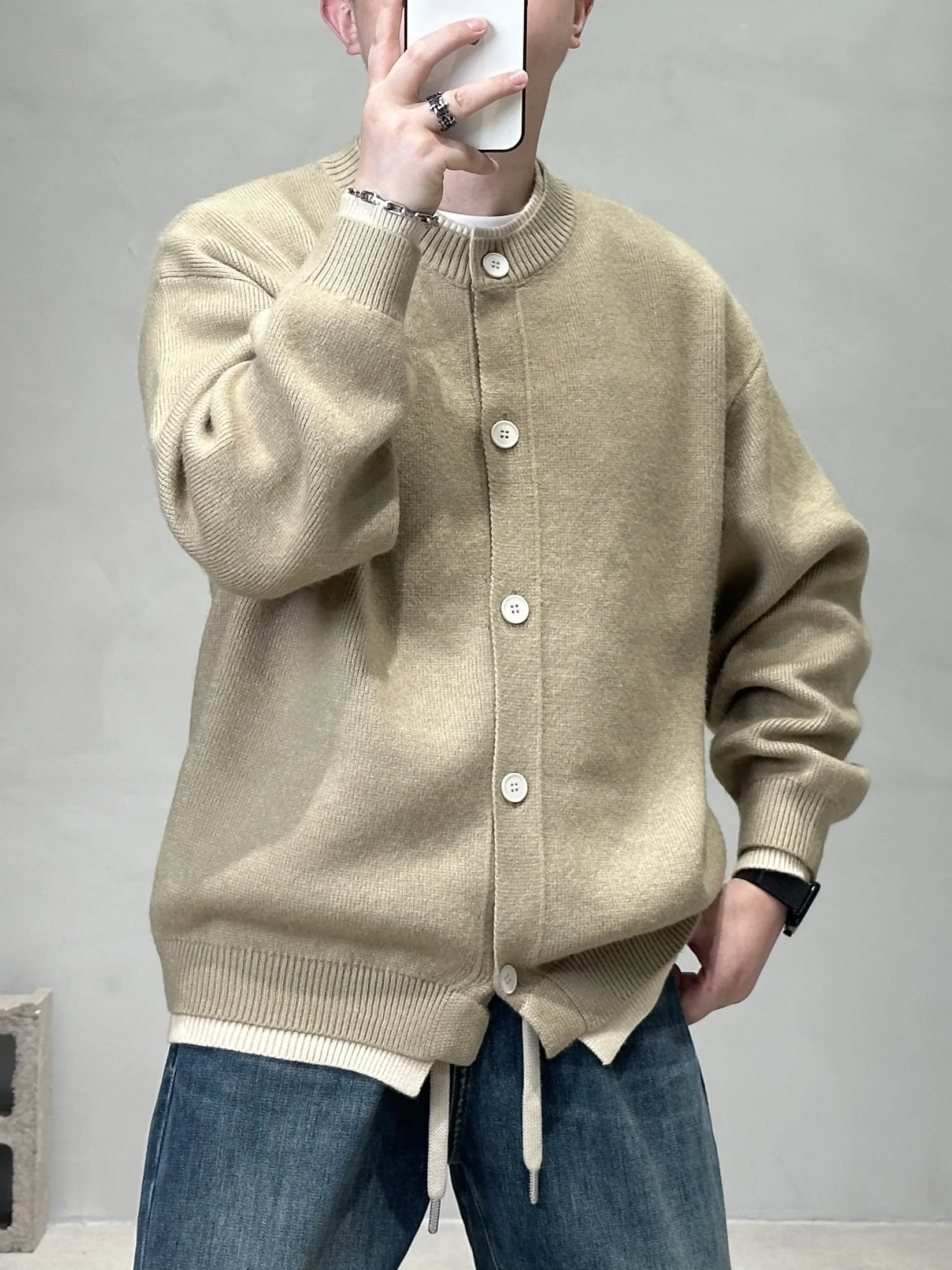 

Повседневный мужской вязаный кардиган, свитер, двухслойный искусственный двухсекционный дизайн на пуговицах, дышащий длинный свеч, круглый Ne