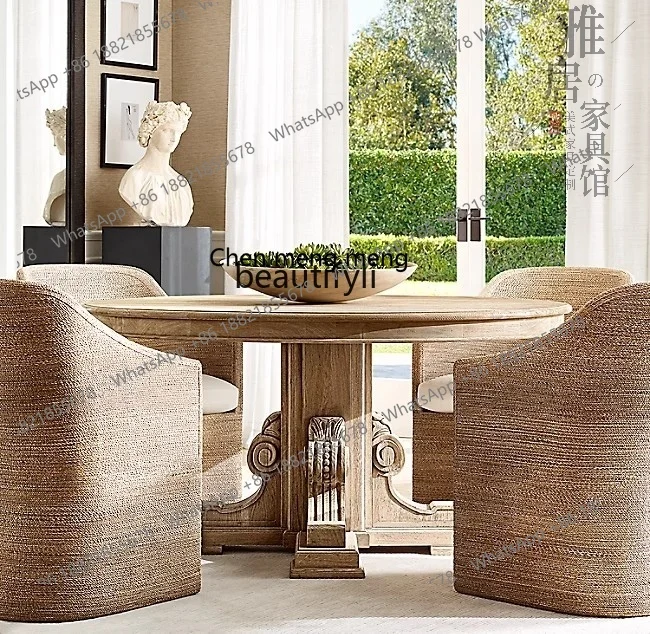 z183 American retro old solid wood round dining table French country dining table and chair combination