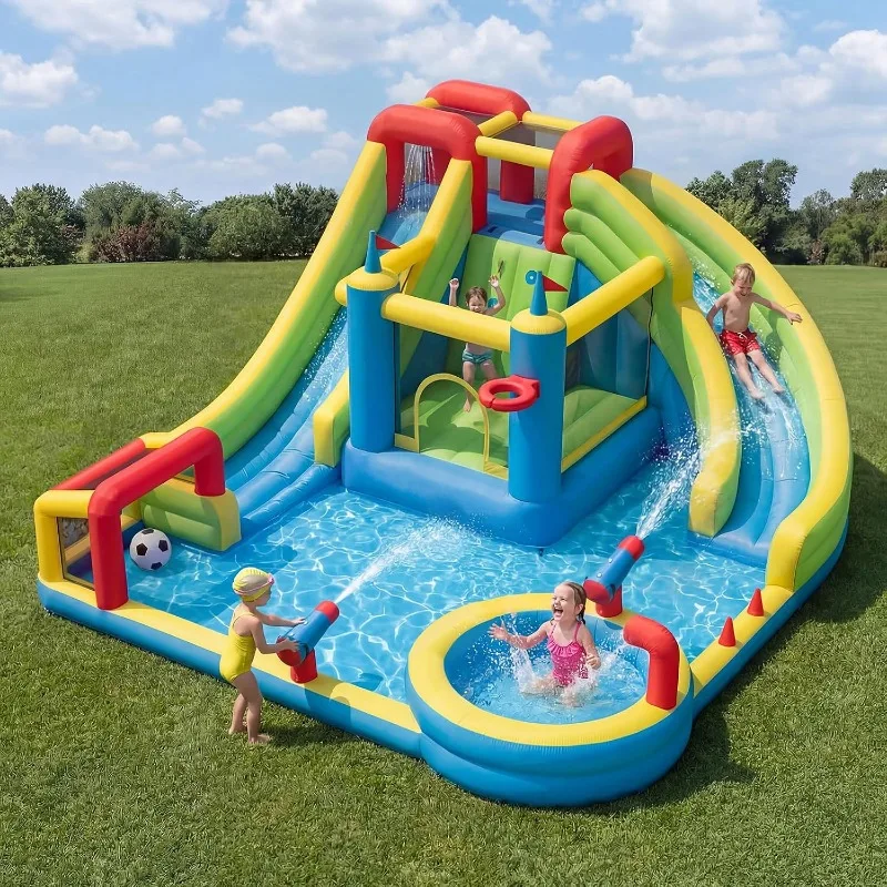Inflatable Water Slide for Kids Backyard with 750W Blower, Jumping Castle with Water Slide, Water Park Bounce House for Indoor