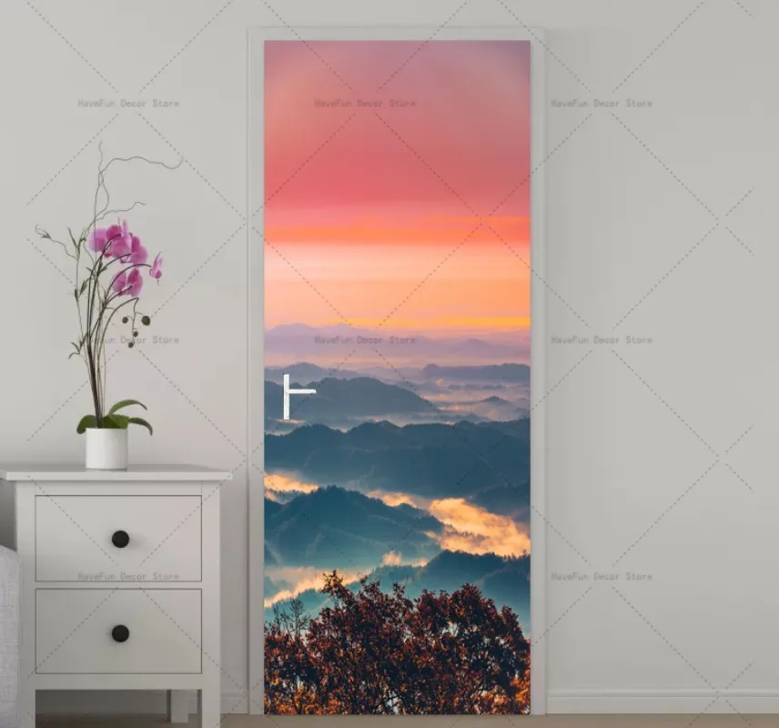 Natural Scenery Door Sticker Sunrise Sunset Poster PVC Waterproof Self-adhesive Home Decoration Bedroom Elevator Door Sticker