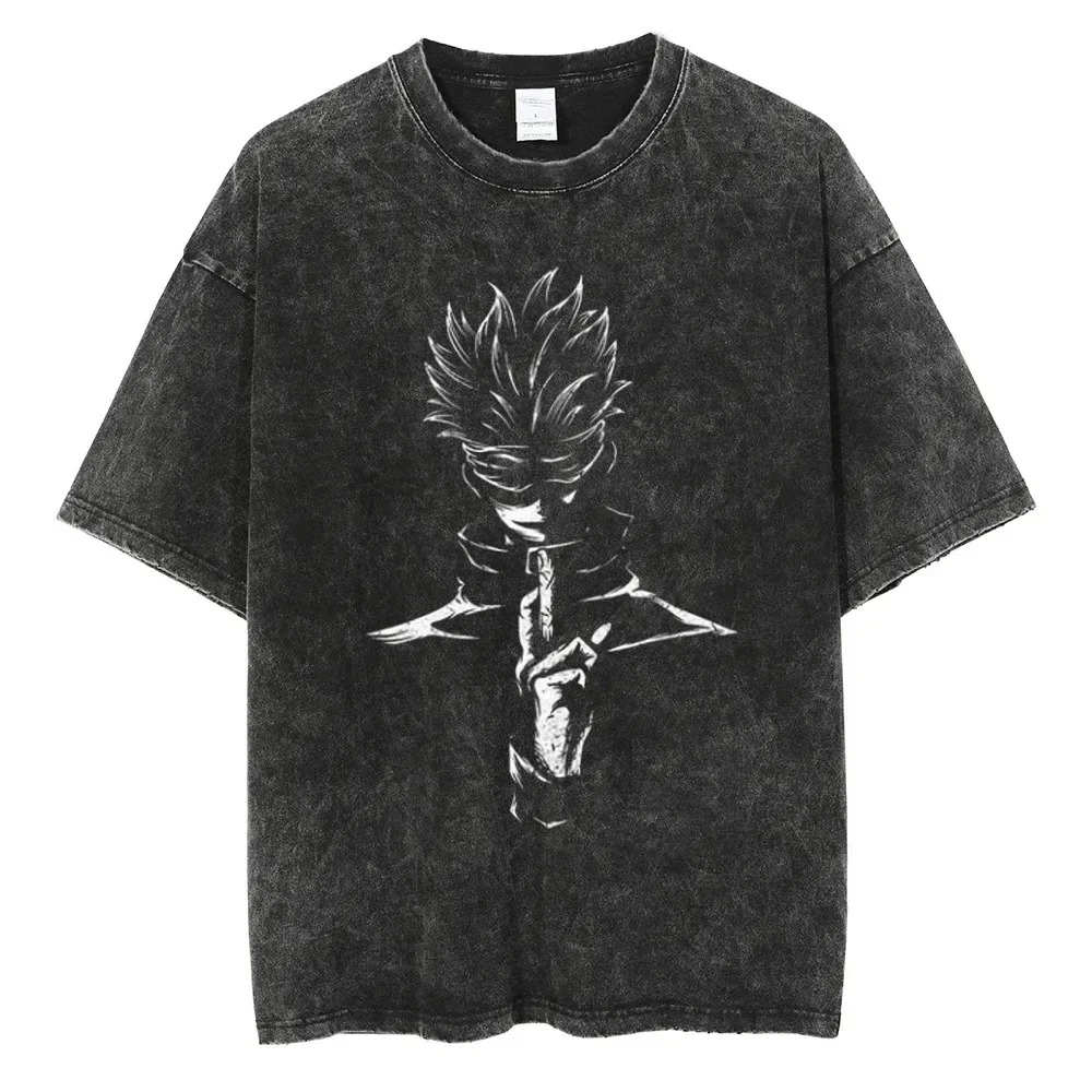 

Men Fashion Streetwear Washed Black T-Shirt Harajuku Japanese Anime Graphic Print T Shirt Summer Cotton Oversized Tops Tees