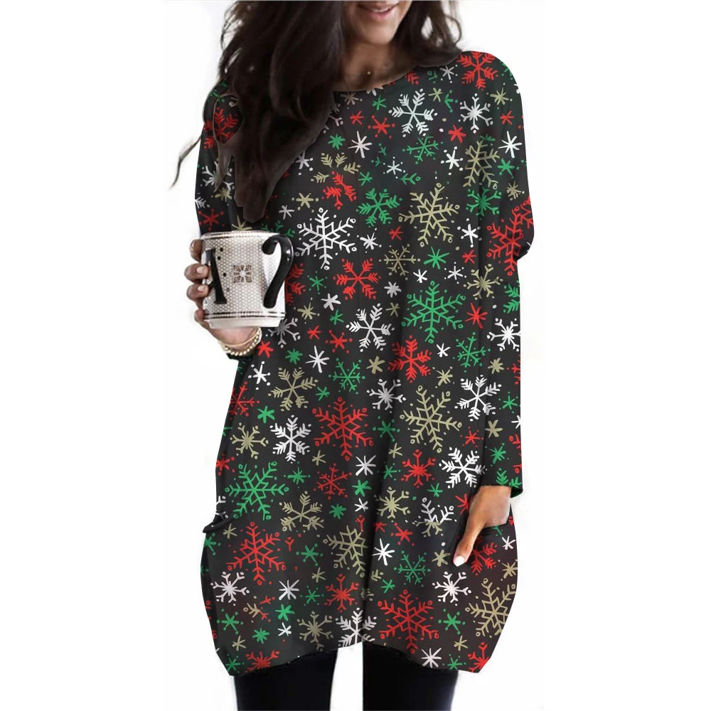 Christmas Women Long Sleeves T-Shirt Cartoon Elk Round Neck Pocket Dresses Autumn Winter Casual Loose Women Oversized Pullover