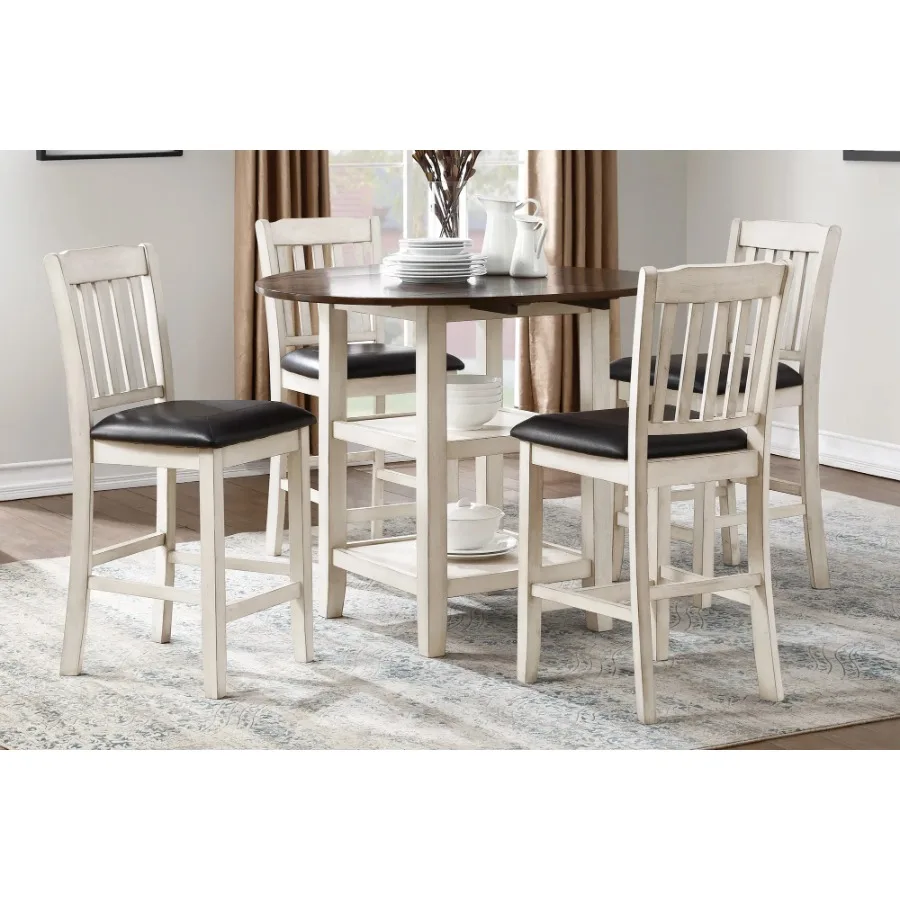 White and Dark Cherry Finish 5pc Counter Height Set Table with 2x Bottom Shelves Drop Side Leaves and 4 Chairs Kitchen Dining F