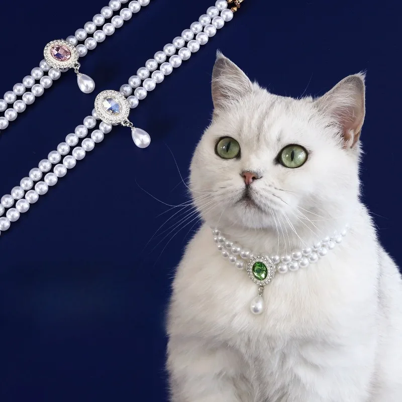 2025 Double-layer Pearl Pet Necklace for Puppies and Cats, Luxurious Colored Gemstone Pendants, Princess Collar Necklace