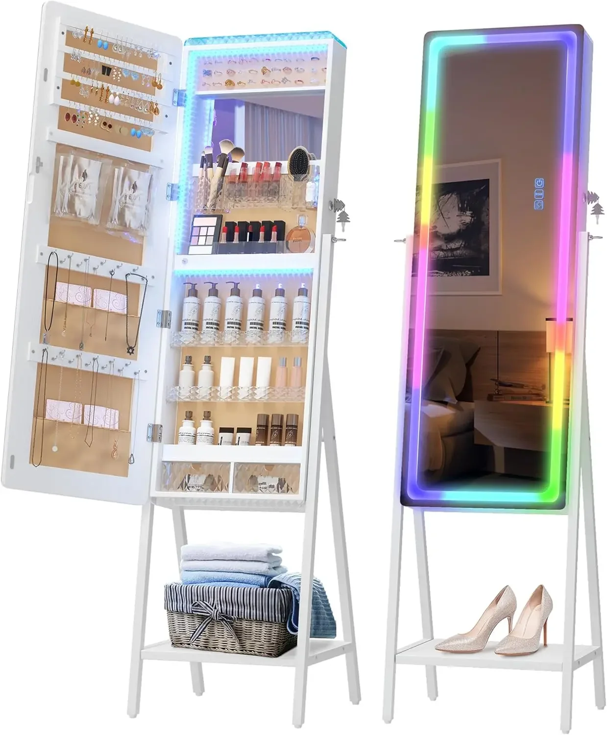 RGB LED Jewelry Mirror Cabinet, Standing Jewelry Armoire Organizer, Stand Up Full-Length Mirror with Jewelry Storage, LED Lighte