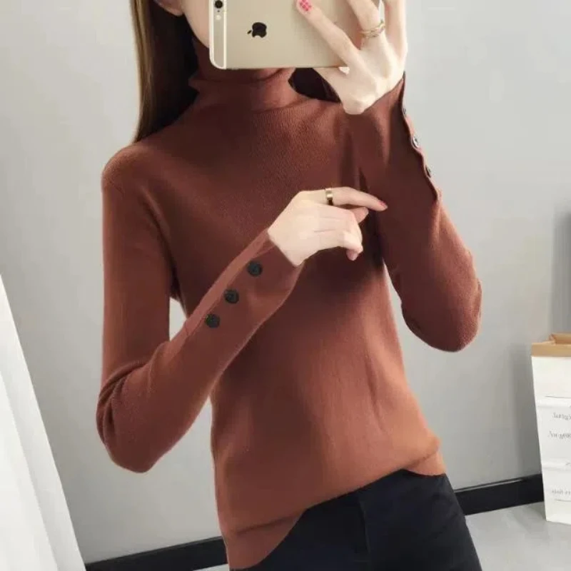 Autumn Winter Women\'s Clothing Solid Color Turtleneck Pullover Sweater Knitted Button Long Sleeve Casual Office Lady Tops