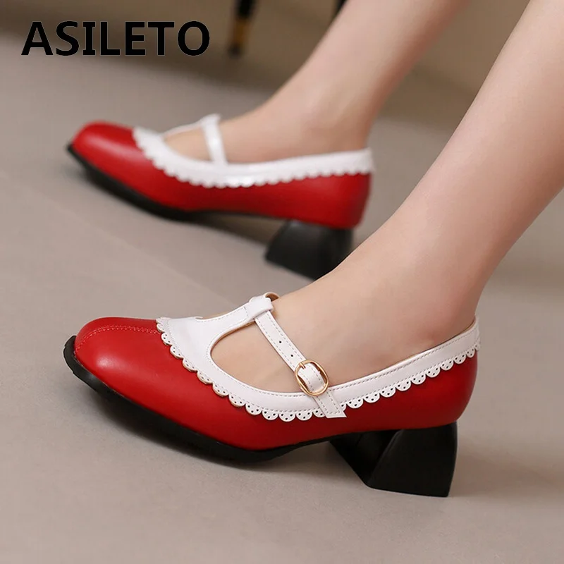 ASILETO 2024 New Mary Janes Women Pumps Shoes Round Toe 4.5cm Thick Square Heel Strap Buckles Big Size 43 44 45 46 47 48