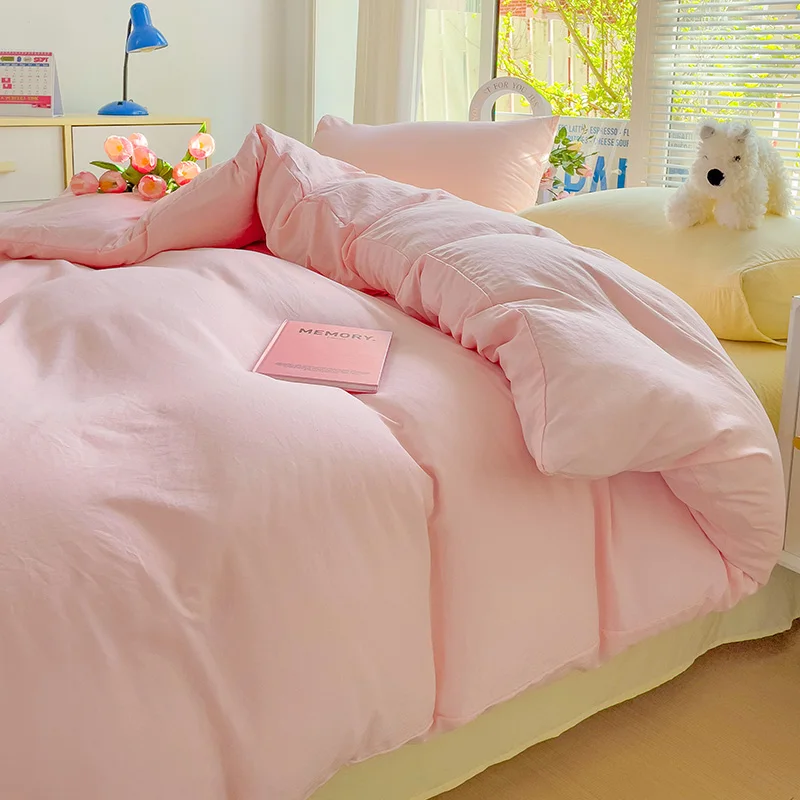 Ins Pink Yellow Princess Bedding Set Soft Wash Cotton Bedclothes Pillowcases Flat Sheets Solid Color Quilt Cover for Girls Kids