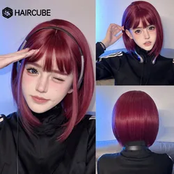 HAIRCUBE Wine Red Bob peruki z grzywką krótki Bob peruki syntetyczne dla kobiet żaroodpornych peruki syntetyczne codzienne włókna włosów Cosplay