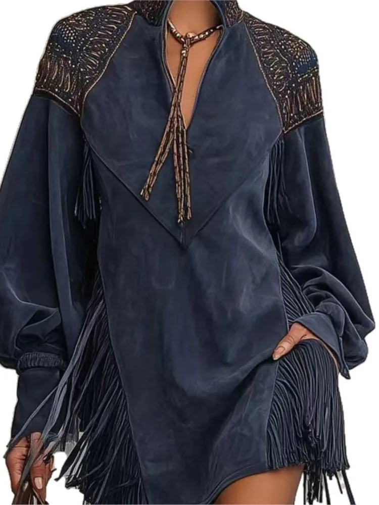 Mini abito con nappe con stampa vintage alla moda Abito casual da donna con scollo a V e tasca a trapezio Abito Boho a vita alta a maniche lunghe autunno inverno