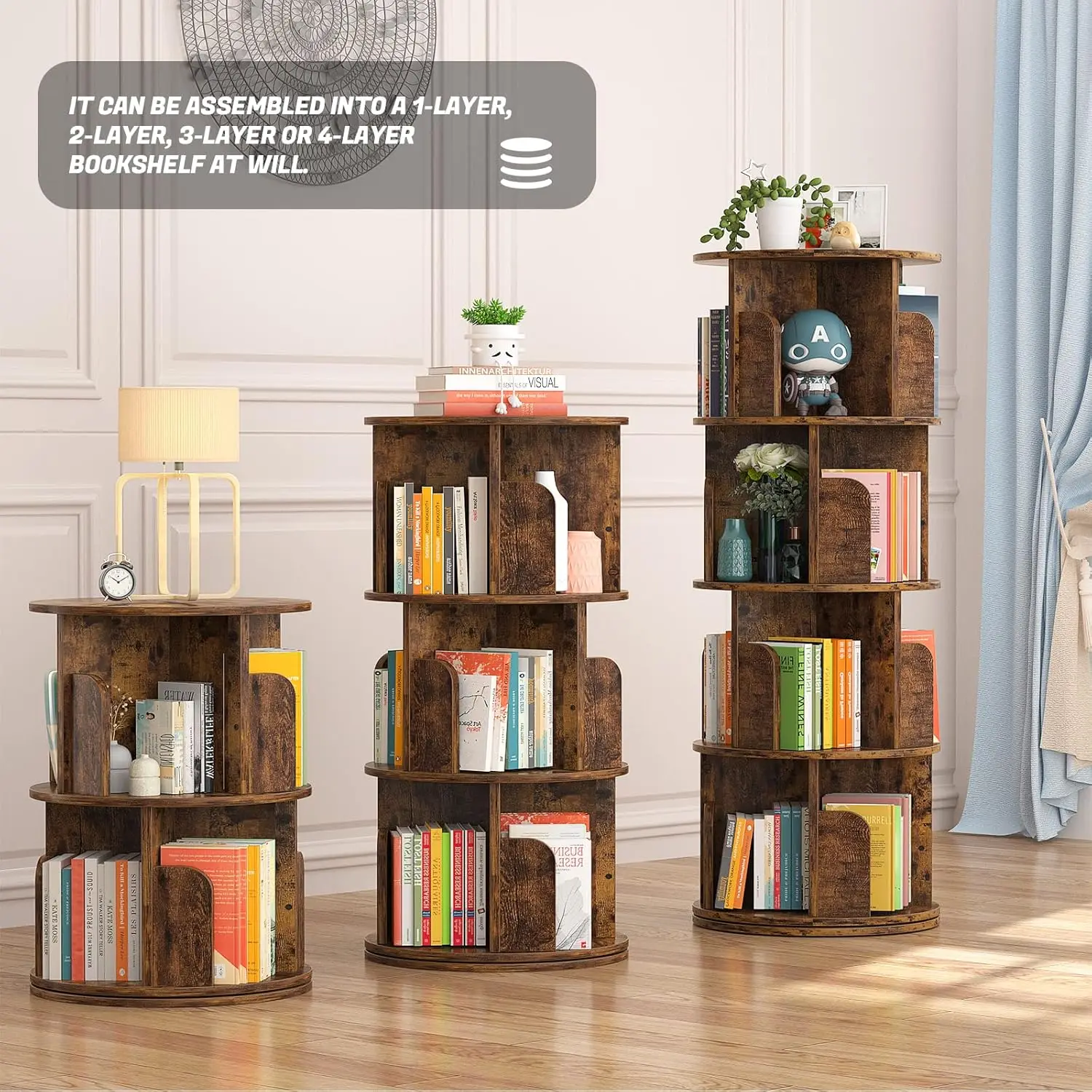 Rotating Bookshelf, Small Corner Bookshelf for Small Space, 360 Display 4 Tier Floor Standing Bookcase Storage Rack