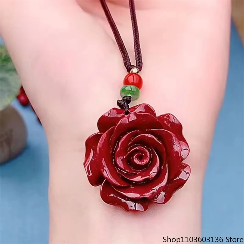 

Cinnabar Jade Fox Roses heart-shaped Pendant Necklace Jewellery Chinese Hand-Carved Ethnic style jewelry Women Luck Gift Pendant