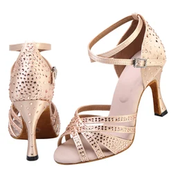 Latin Dance Shoes Adult Women's High Heel Dance Shoes Satin Salty High Heel Shoes with Diamond Embedding Dance Shoes 7.5cm