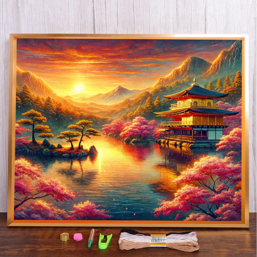 Landscape Japanese Pagoda Printed Fabric 11CT Cross-Stitch Kit Embroidery Handiwork Hobby Handmade Painting Design Sales Stamped