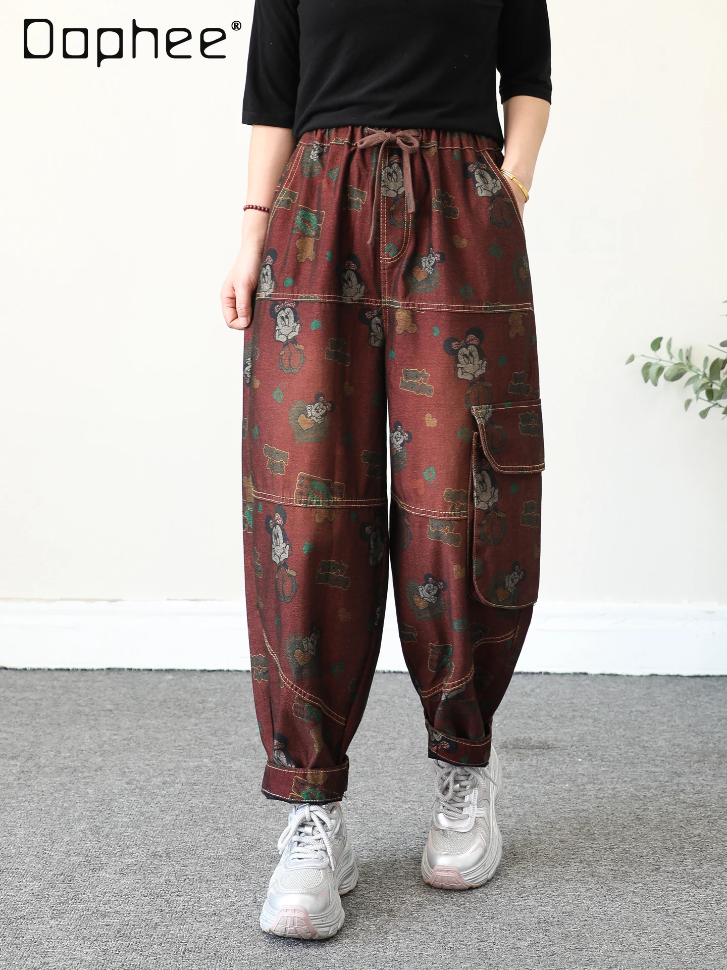 

Vintage Patchwork Cartoon Print Jeans for Women 2025 Loose Pocket Lace-up Cropped Harem Pants Autumn New Style Streetwear Women