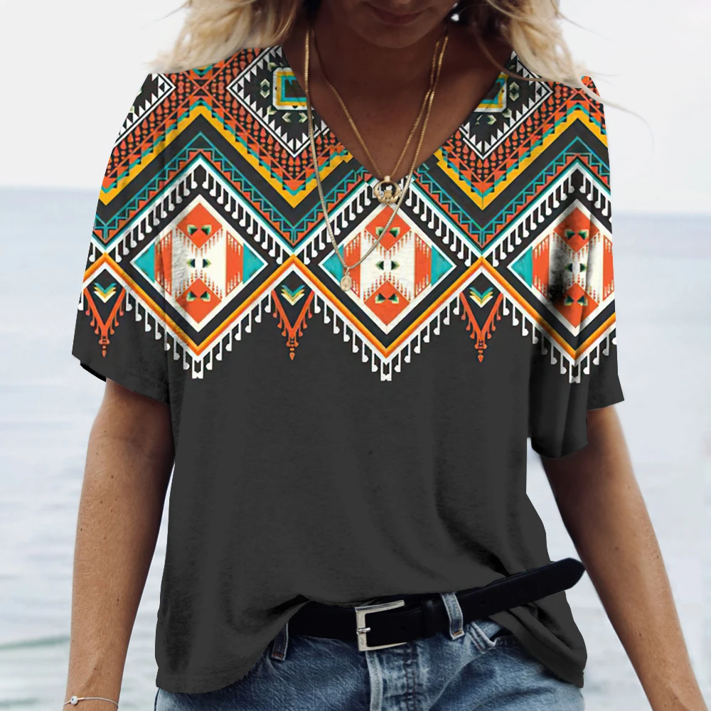Summer Ethnic Style 3D Printed T-Shirts Women's Fashion Vintage Streetwear Short Sleeve V-Neck T Shirt Tees Tops Woman Clothing — zdjęcie 4