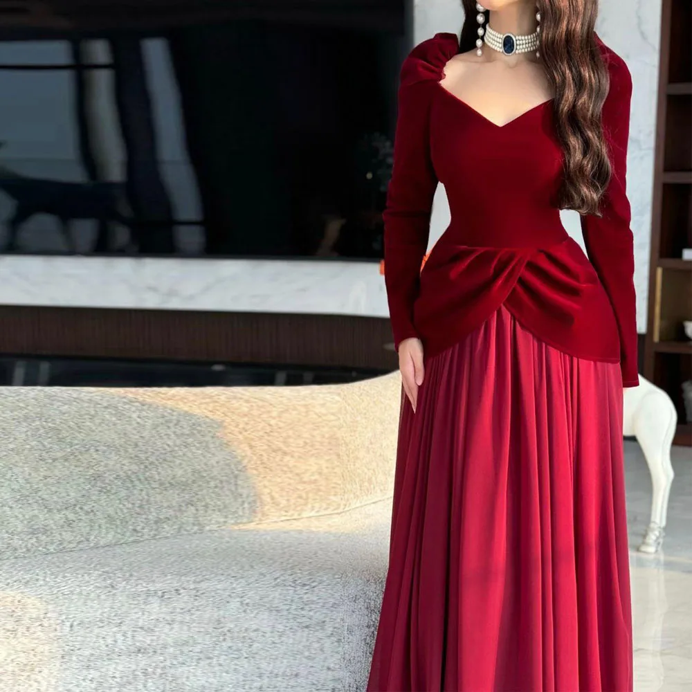 تخصيص المخملية فساتين لحضور الحفلات الموسيقية 2025 الخامس العنق كم طويل ألف خط الزي الرسمي مطوي تنورة شيفون الجلباب دي سواريه