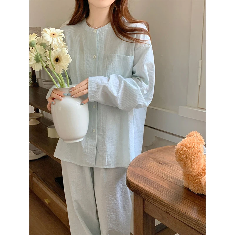 Striped Sleepwear Pocket Women Pajamas Set Autumn Piiama Korean Fashion Long Sleeve Sets 2 Pieces Night Wears Button Home Wear