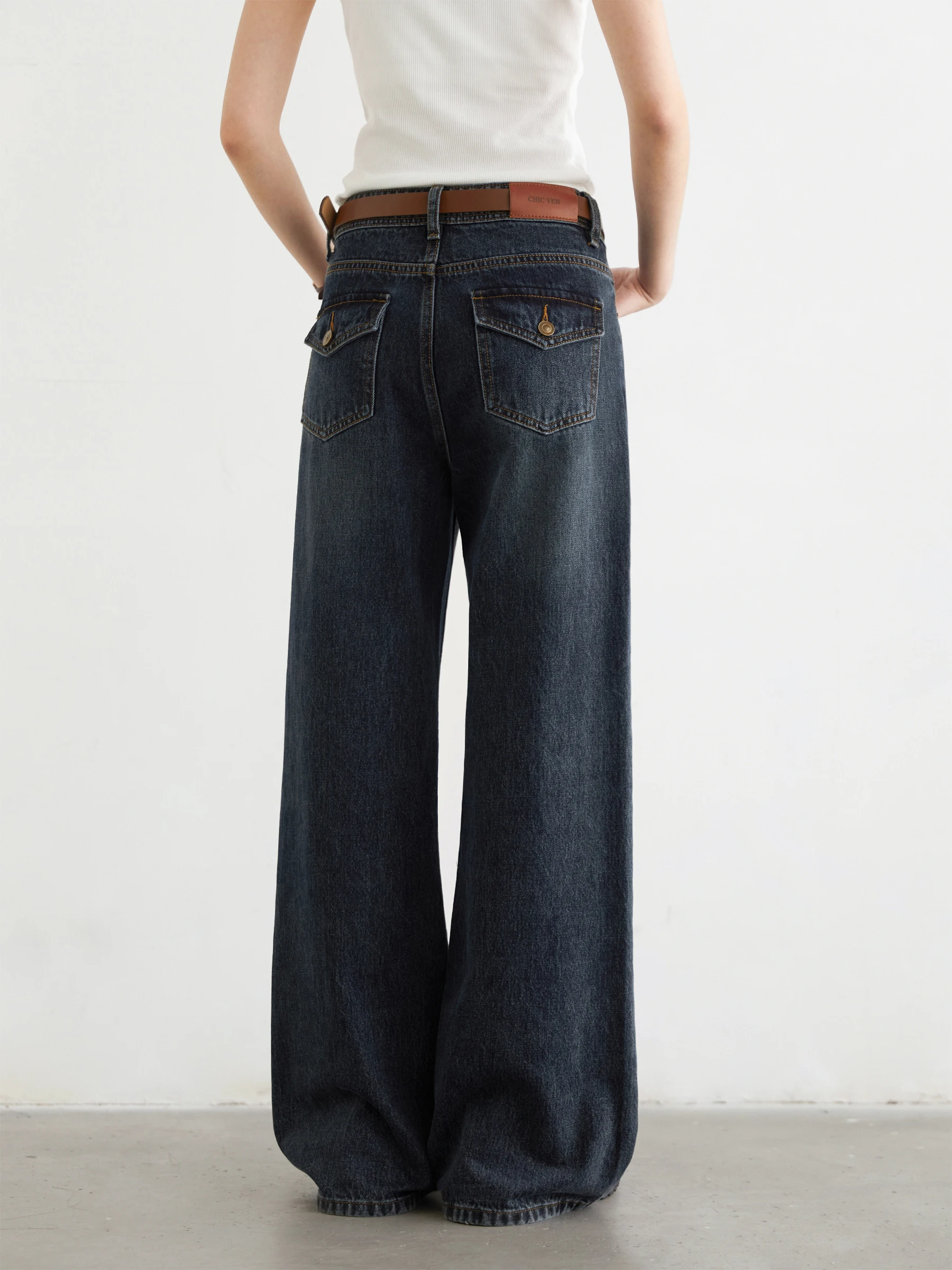 CHIC VEN Women Jeans Fashion Retro High Waisted Slim Micro Flared Denim Pants Korean Blue Female Trousers Spring Autumn New 2025