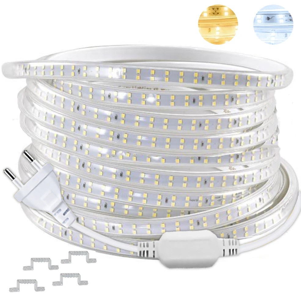 Tira de luces Led de 220V, 1-30m con enchufe europeo 2835, cinta de luz Flexible, cinta Led impermeable para el hogar, cocina, iluminación de decoración de jardín al aire libre