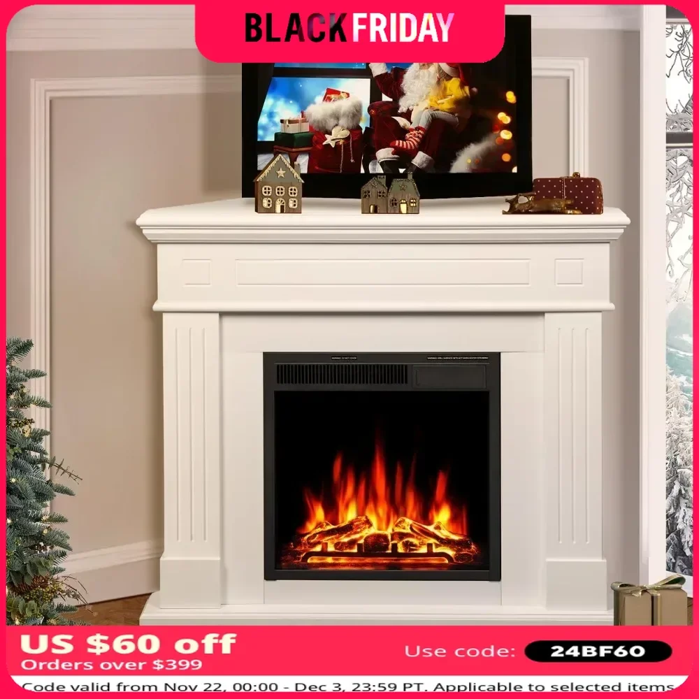 TV Stand with Remote Control Mantel Wooden Surround Firebox with Adjustable Led Flame Electric Fireplace TV Console