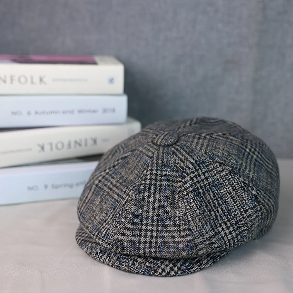 2025 New Men Wool Houndstooth Newsboy Hat Women Gatsby Cap Retro Gray Beret Hat Women Spring Autumn Winter Plaid Hat 013