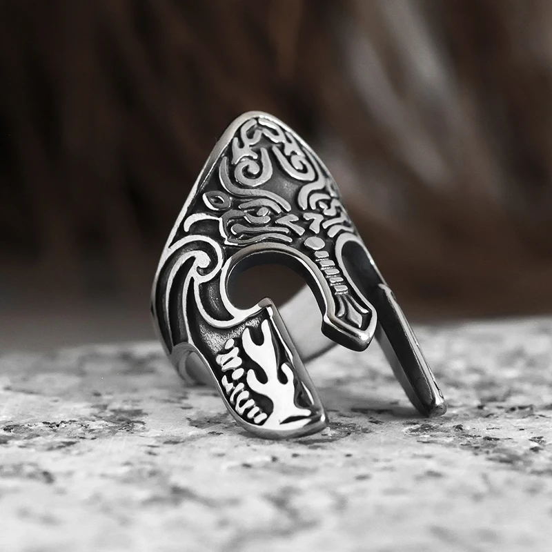 Man Viking Warrior Helmet Ring Scandinavian Pagan Norse Rune Stainless Steel Rings Totem Amulet Jewelry OSR432